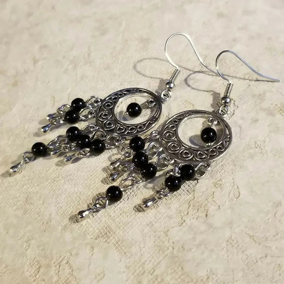 Handcrafted Natural Black Onyx Gemstone Antique Silver Chandelier Earrings - Picture 3 of 5
